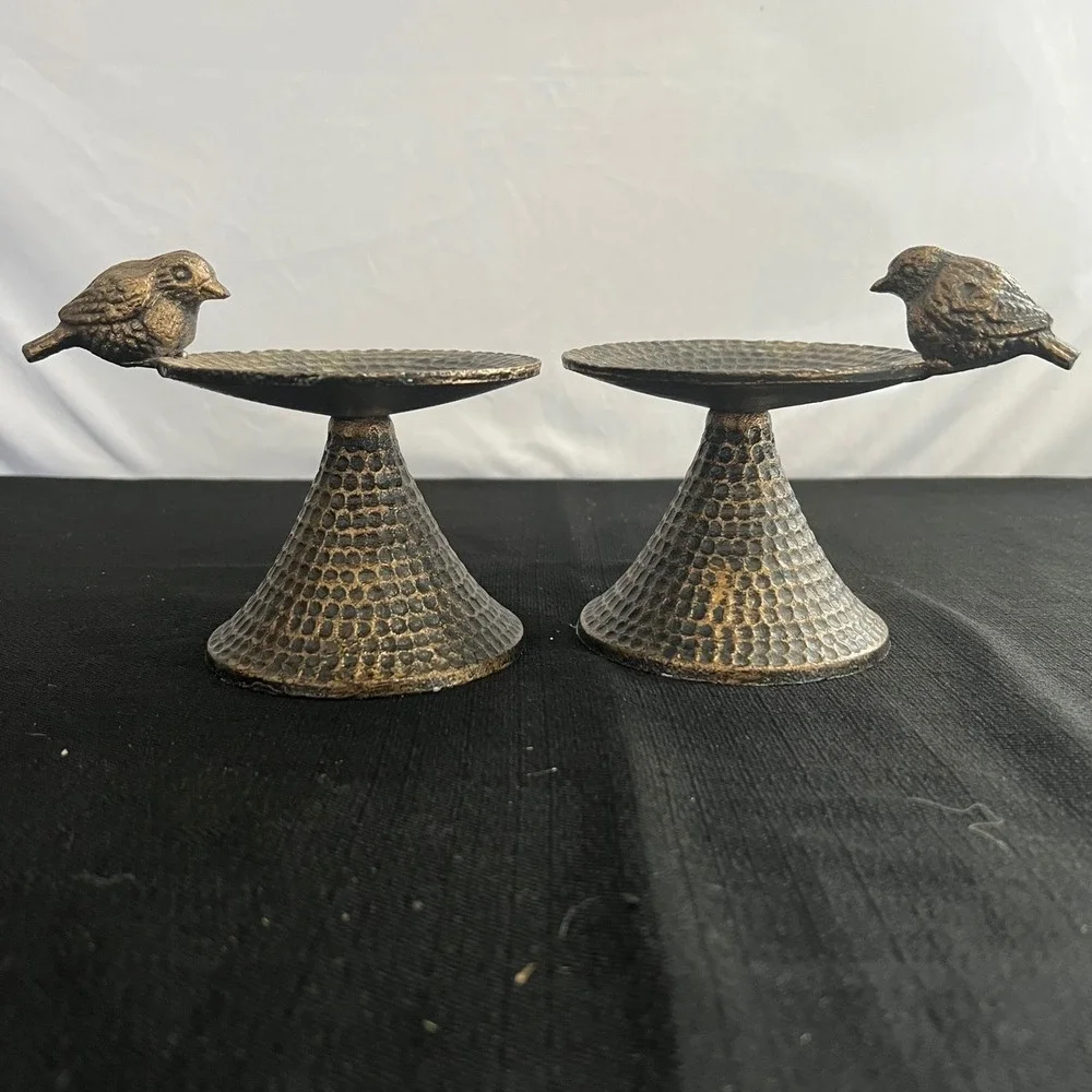 Set of 2 Hammered Bronze Cast Iron Bird Pedestal Candle Holders Rustic Decor